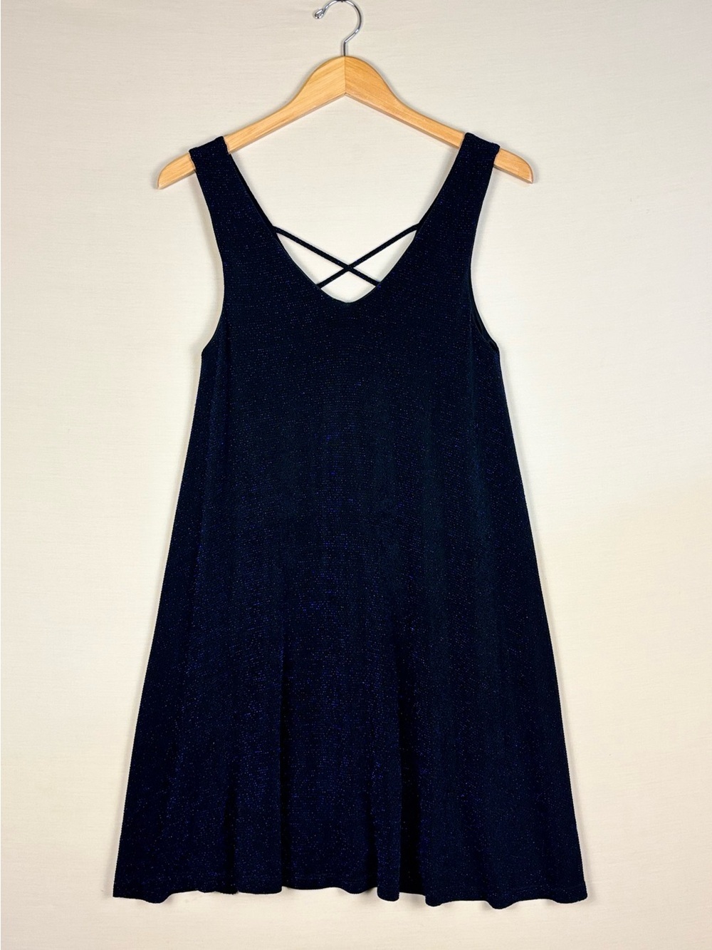 Everly Blue Shimmer Sleeveless Swing Dress Crisscross Back Size Small